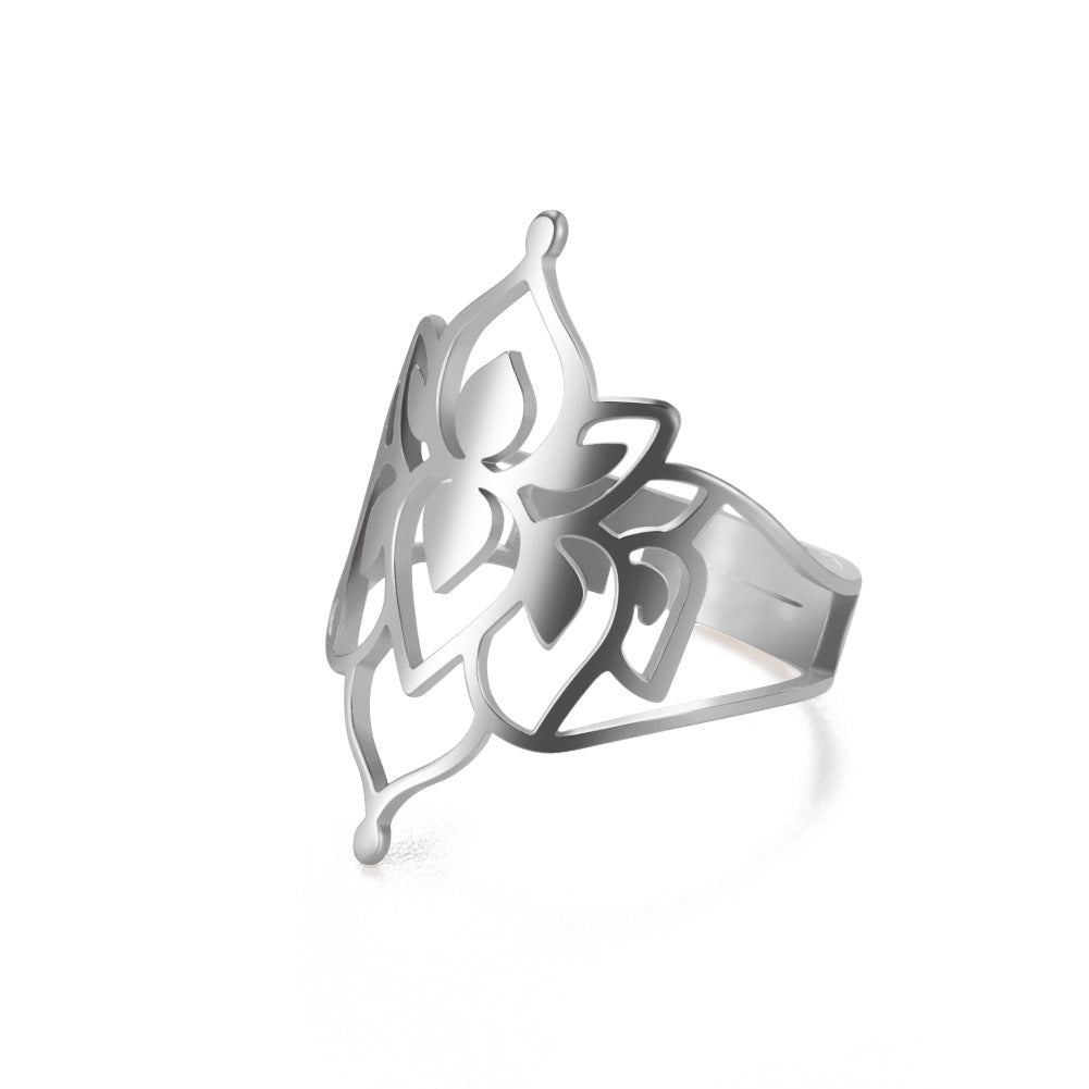 Women's Adjustable Stainless Steel Sacred Geometric For Charm Rings - Steel Hollow Lotus MegaBDM
