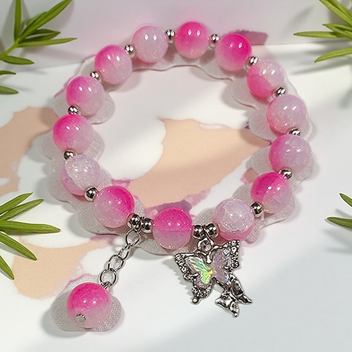 Fantasy Flower Glazed Female Gradient Contrast Bracelet - Bd43 Jade Broken Watermelon Pink Butterfly Bracelet MegaBDM