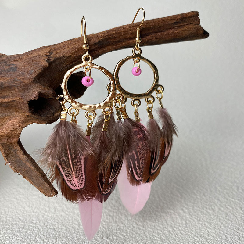 Personality Round Bead Feather Tassel Long Bohemian Earrings - YR3658-6 MegaBDM
