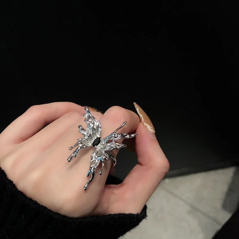 Light Luxury Liquid Open Butterfly Cold Style Index Finger Ring - #2 One Black Diamond Ring MegaBDM