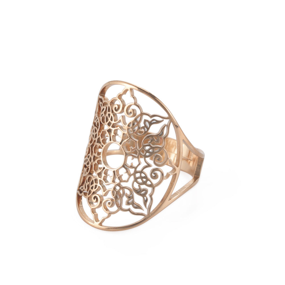 Women's Adjustable Stainless Steel Sacred Geometric For Charm Rings - Rose Gold Hollow 8-Petal Snowflake Oval MegaBDM