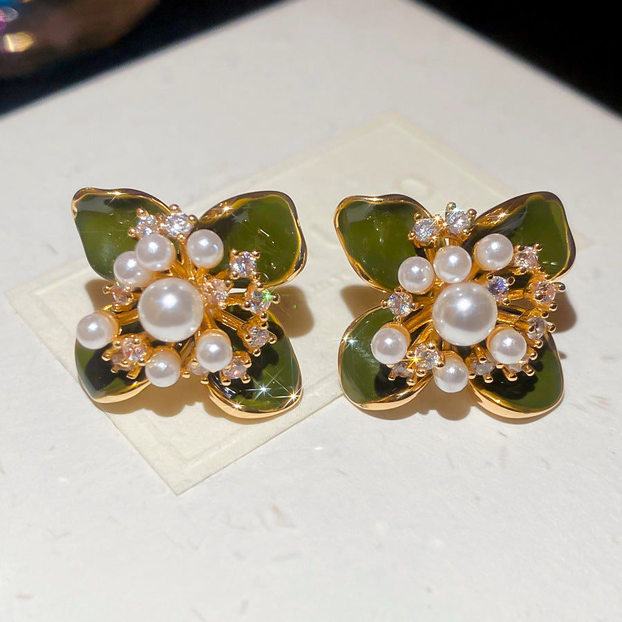 Women's Flower Shell Tassel Light Luxury High-grade Earrings - 62# Silver Needle-Golden-Green Flowers MegaBDM