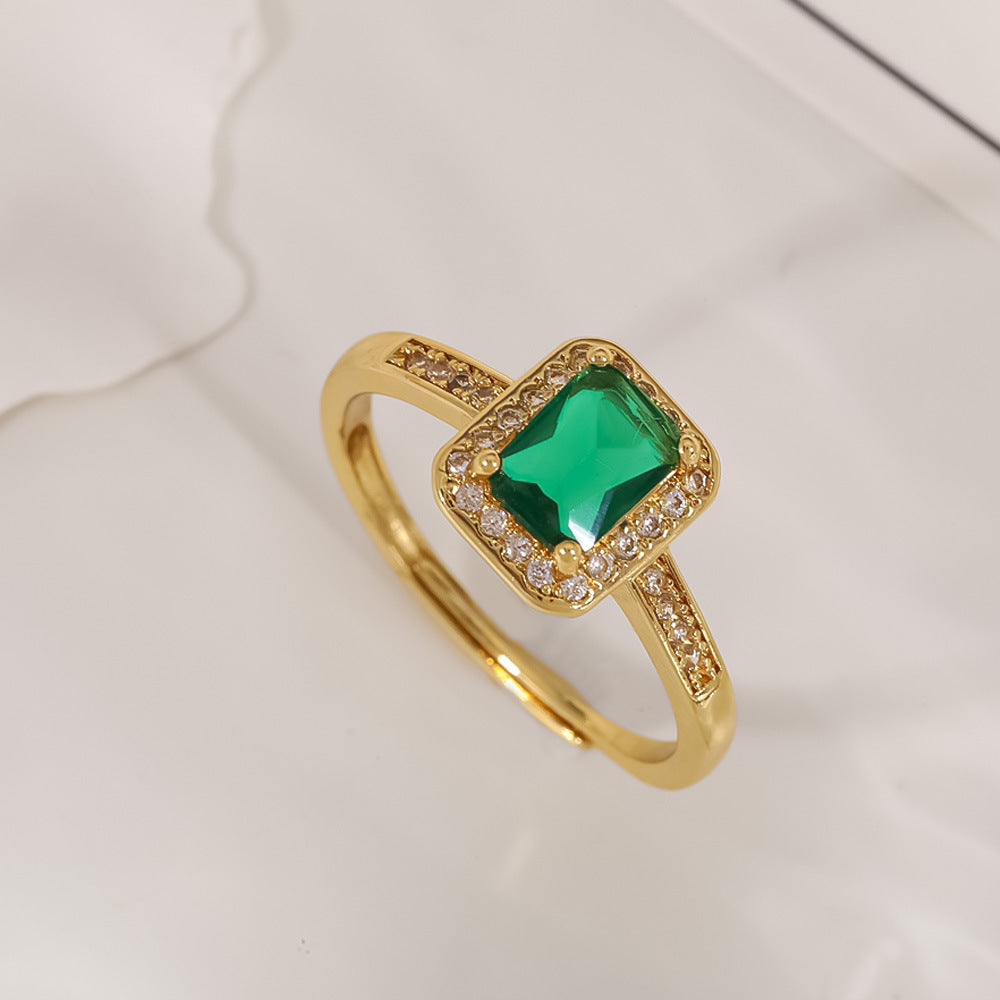 Women's Open-end Zircon Fashionable Classy Simple Cold Feeling Goddess Rings - R47-Emerald/18K(2.4G) MegaBDM