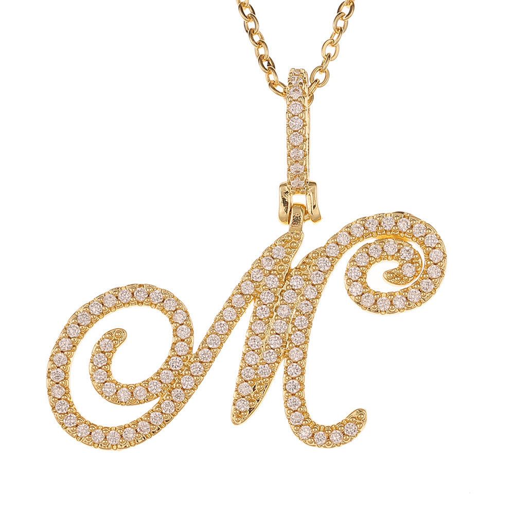 Women's & Men's Micro Inlaid Zircon Grass English Letter Pendants - M (Including Chain) Gold MegaBDM