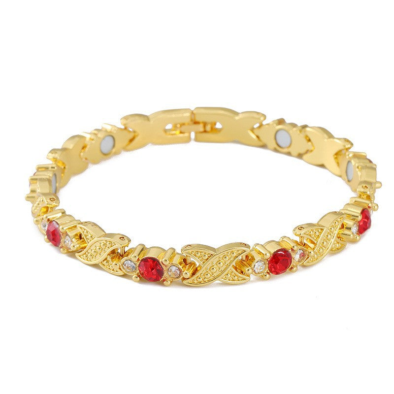 Women's Adjustable Leaves Magnet Alloy Diamond Fashion Bracelets - Golden Red Diamond MegaBDM