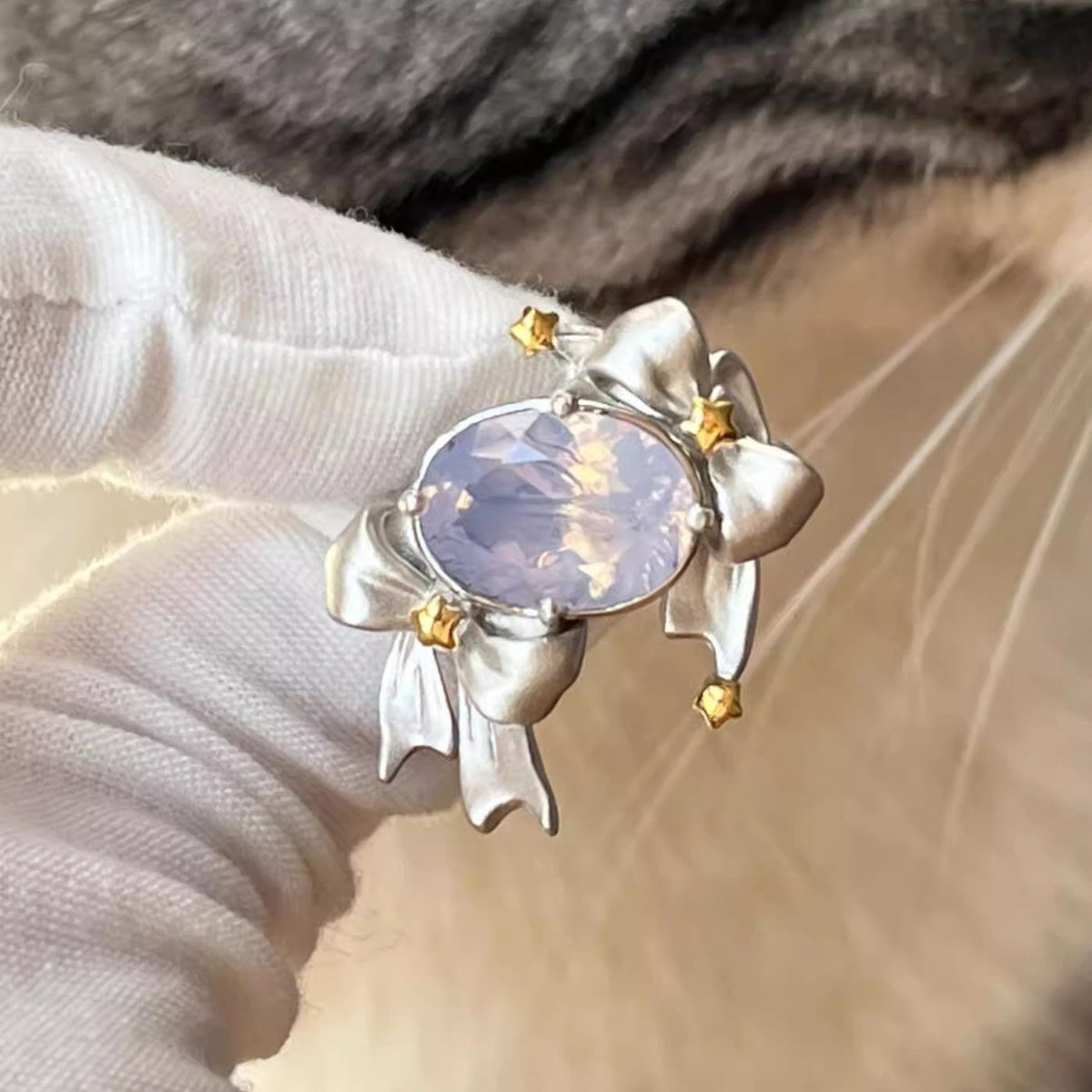 Imitation Blue Treasure Egg Noodles Bow Female Niche Ring MegaBDM