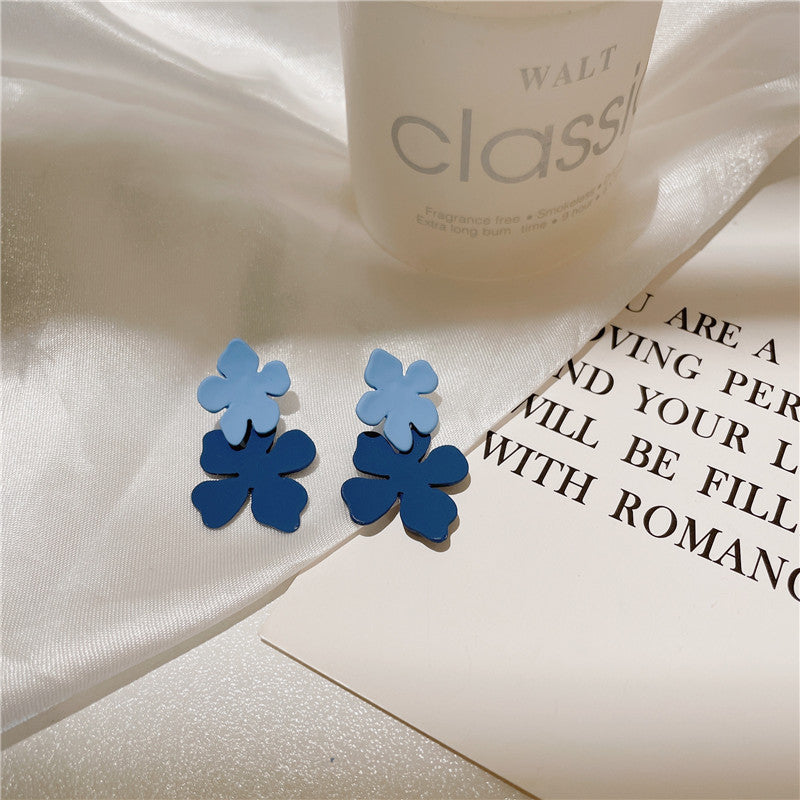 Vacation Dripping Oil Blue Flower Female Niche Vintage Earrings - 66B [Ear Clip]] MegaBDM