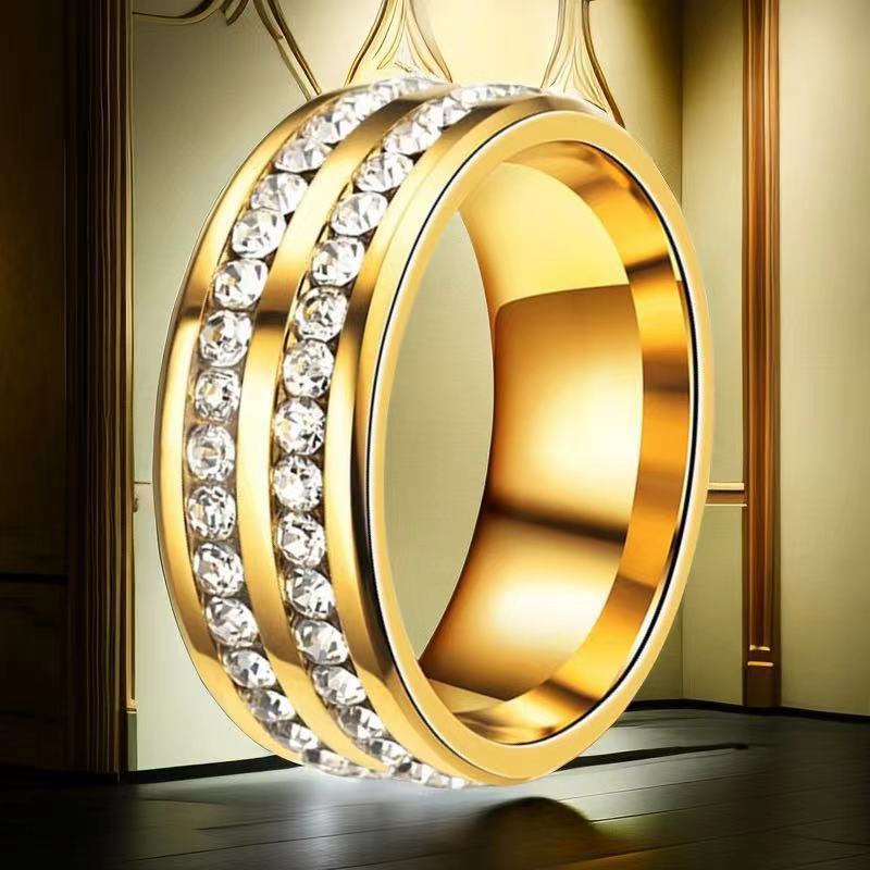 Stainless Steel Titanium Female French Style Starry Square Ring - 34-C-5 Gold Two Super Glue Rhinestone / No. 8 MegaBDM
