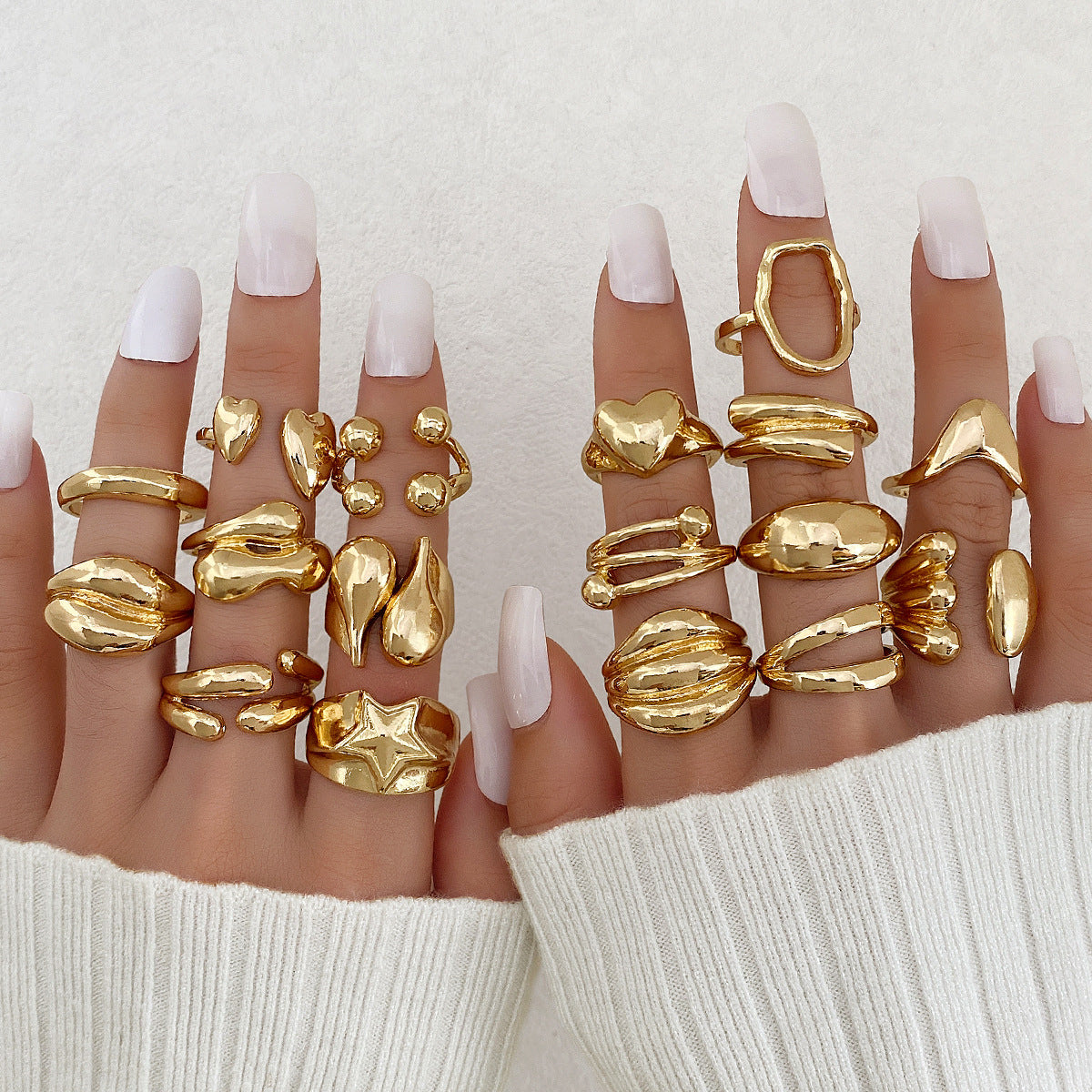 Women's Exaggerated Personalized Gold Irregular Oval Heart-shaped Open Rings - 17-Piece Set HS2099-4 MegaBDM