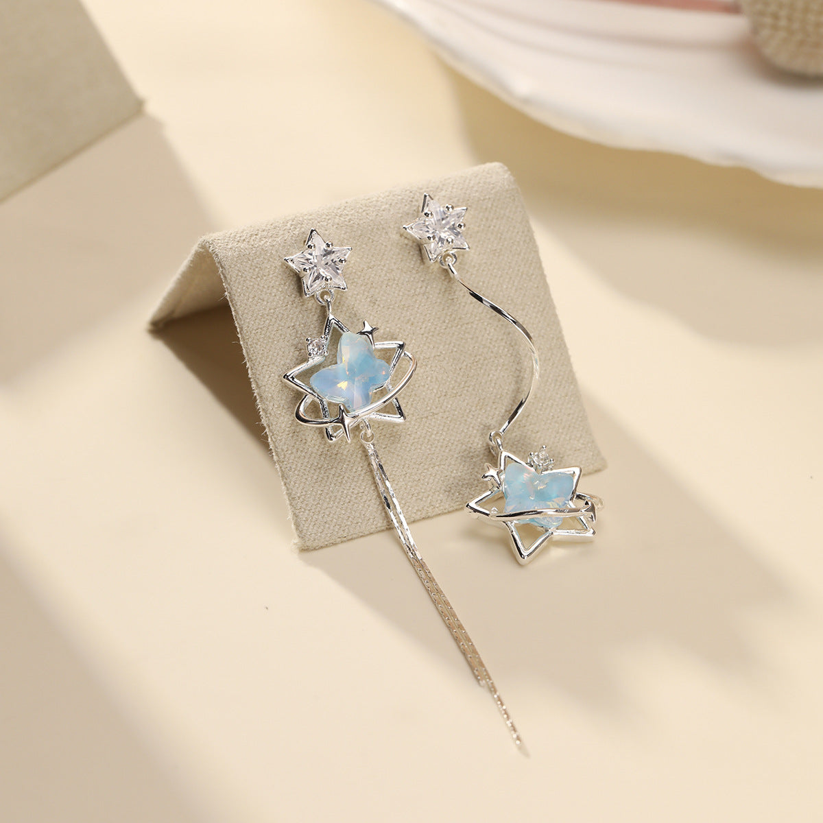 Women's Star Ear Sterling Sier Vintage Mori Style Zircon Niche Moonstone Stud Earrings - Colorful XINGX-Blue MegaBDM