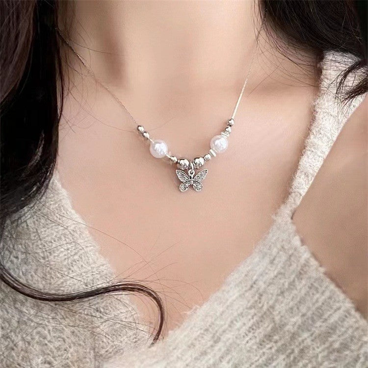 Women's Bow Tie Pearl Elegant High-grade Clavicle Chain Necklaces - 52# Necklace-Silver-White MegaBDM