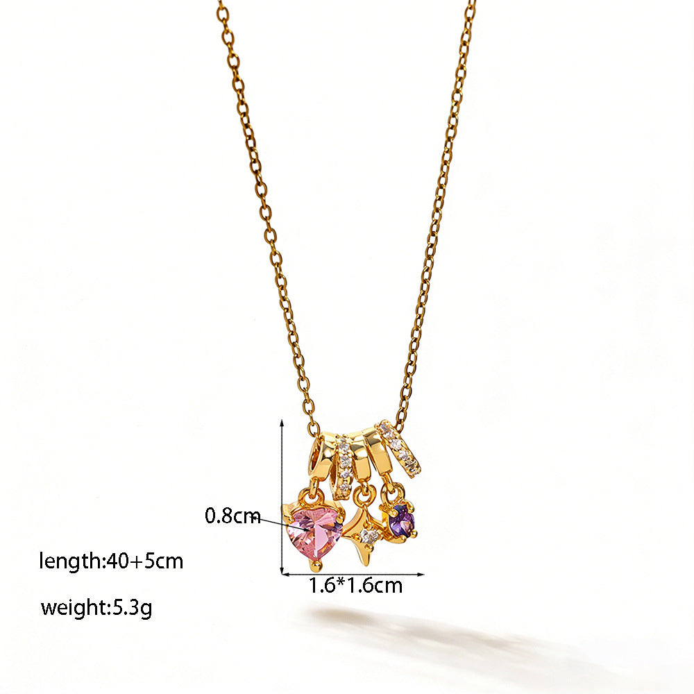 Women's Micro Inlaid Zircon Sun Star Moon Zodiac Clavicle Necklace - [Xkn8301] Eight-Pointed Stars Pink Diamond Heart Necklace Gold MegaBDM
