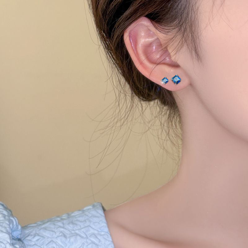 Sier Square Chinese Simple Fashion Zircon Stud Earrings - (September) Lanbao / 4mm Stud Earrings with Rubber Plug MegaBDM