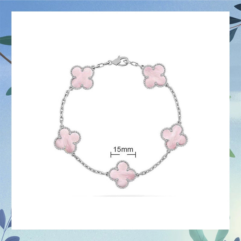 Women's Four-leaf Clover Rose Gold Red Agate Black White Shell Flower Bracelet - Pink Fritillary [White Gold Color]] / 19cm MegaBDM