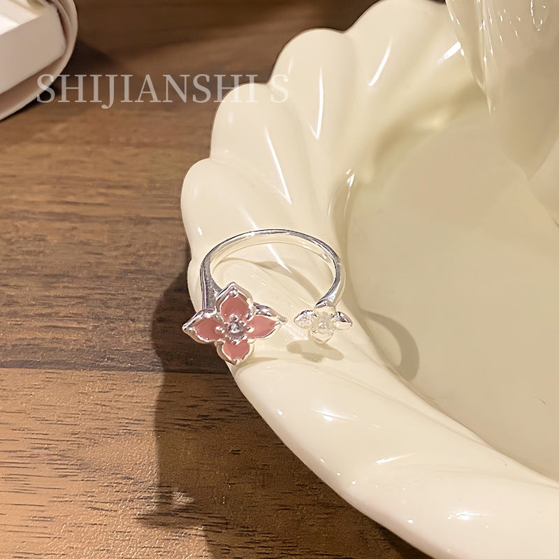 Women's Spring Sweet Pink Cherry Double Flower Niche Knot Design Sense Ring - [Pink Cherry Cross Double Flower] Open Ring MegaBDM