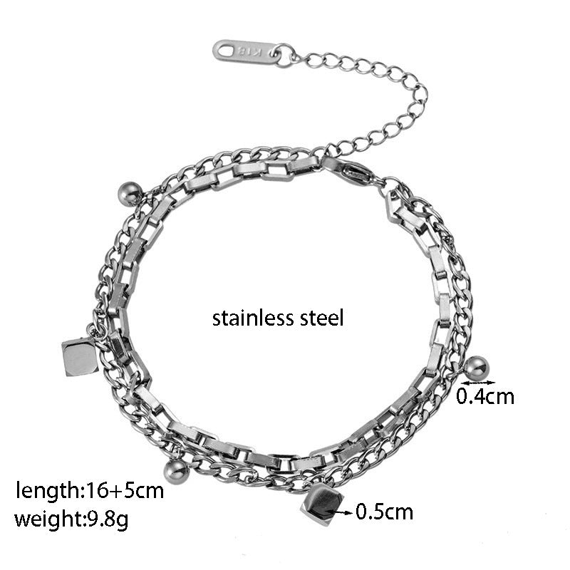 Titanium Steel Female Gold Fashion Light Bracelet - [Xkb0260] Square Double-Layer Chain Bracelet Steel Color MegaBDM