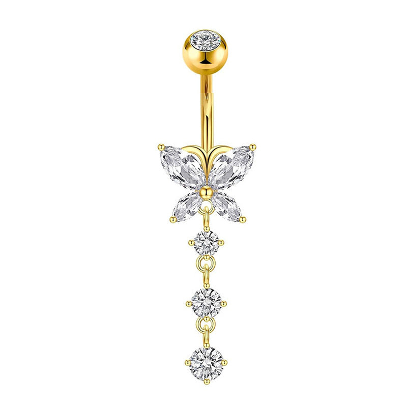 Stainless Steel Navel Combination Butterfly Zircon Decoration Belly Stud Earrings - Golden Rhinestone Ball Style MegaBDM