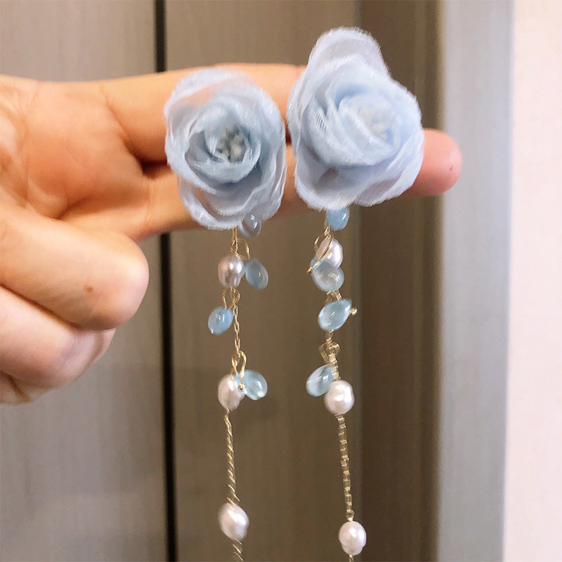 Super Fairy Mori Style Atmosphere Simple Earrings - Blue Grenadine Flower Tassel Gravel Stud Earrings MegaBDM