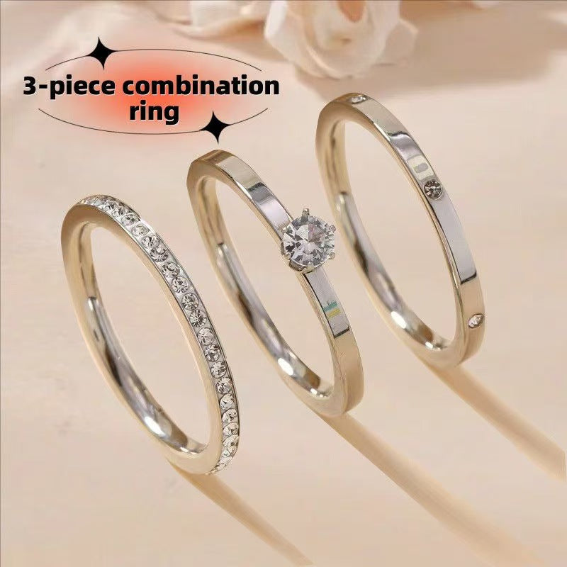 Women's Starry Mud Diamond Three-piece Niche High Rings - Steel Color Rhinestones / No. 9 MegaBDM