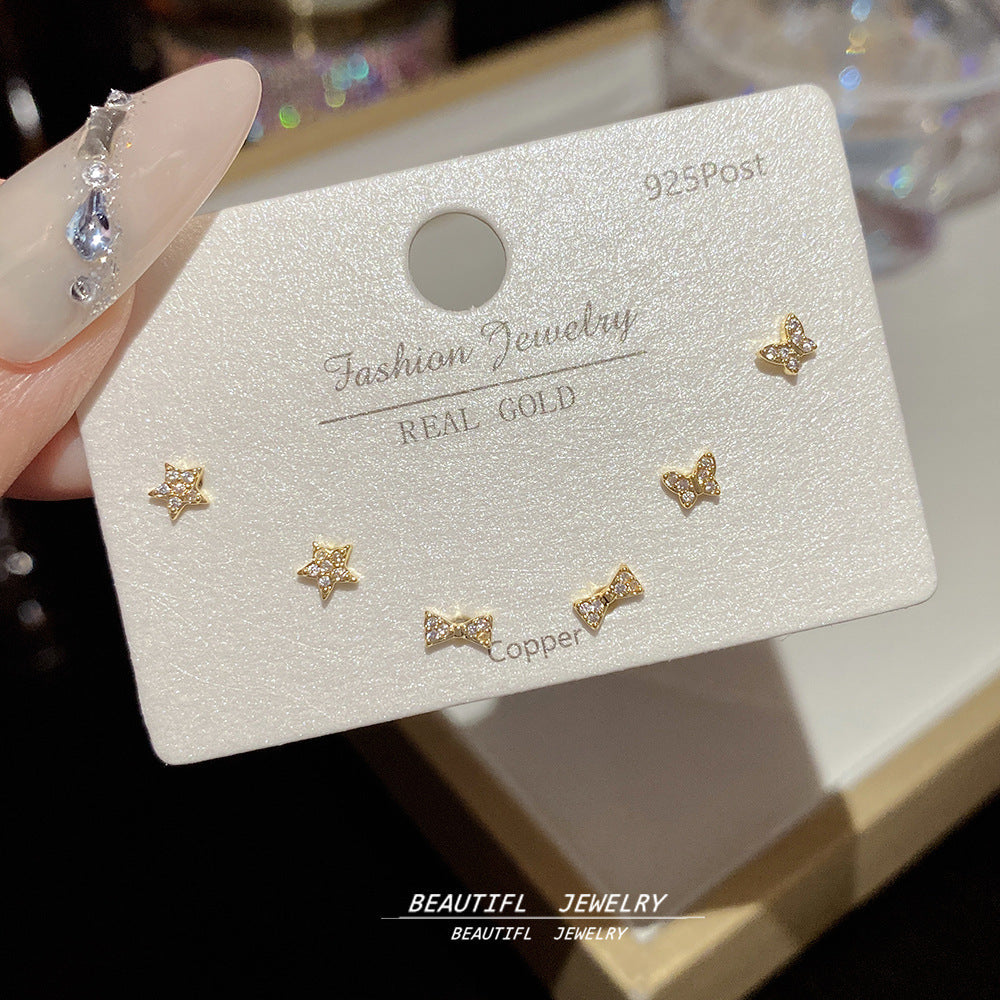 One Card Three Pairs Of Ear Sterling Sier Needle Rings - K241 Real Gold Plating MegaBDM
