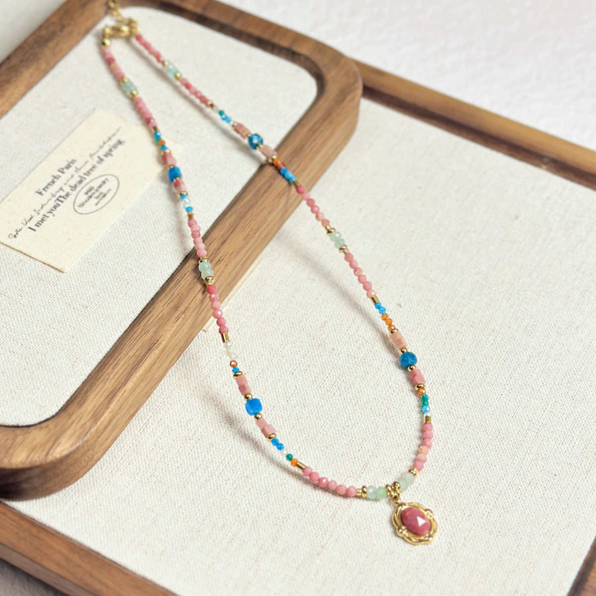 Women's Style Pink Rose Stone Beaded High Sense Light Luxury Minority Necklace - Pink Rose Blue Apatite Pendant Necklace MegaBDM