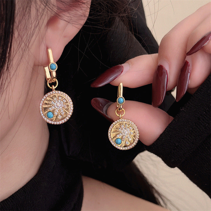 Style Micro Inlaid Turquoise Light Luxury Ancient Temperament Ear Clip Earrings MegaBDM