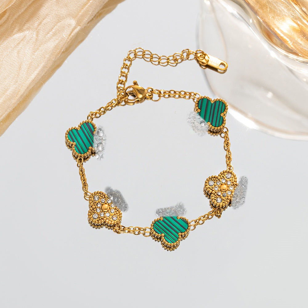 Diamond Clover Light Luxury High-grade Female Niche Simple Bracelet - 13mm Green Single-Sided Two-Diamond Bracelet MegaBDM