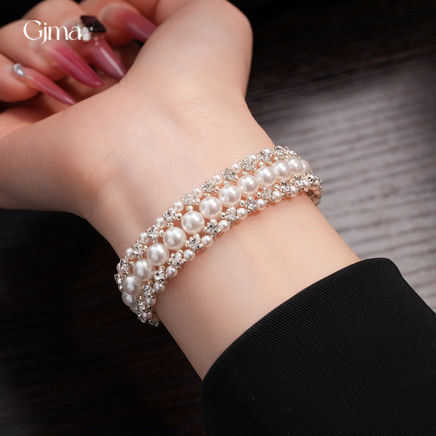 Women's Baroque Retro Diamonds Pull-out Pearl Light Luxury High-grade Elegant Graceful Bracelets MegaBDM