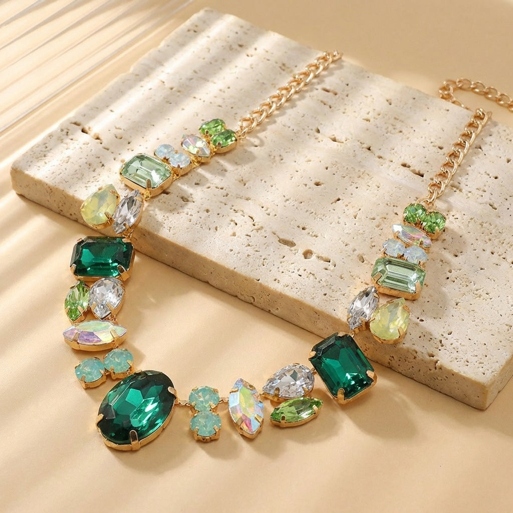 Exaggerated Banquet Super Flash Retro Affordable Luxury Colorful Crystals Sense Necklace - Green MegaBDM