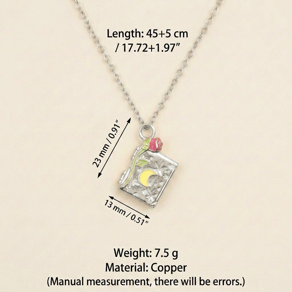 Gold Sier Star Moon Three-dimensional Rose Book Necklaces - Silver Rose Book Opening and Closing Necklace MegaBDM