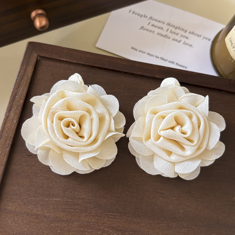 Needle Seaside Fairy Pearl Artificial Flower Tassel Female Stud Earrings - Beige Fabric Roses Ear Studs-about 6.3cm MegaBDM