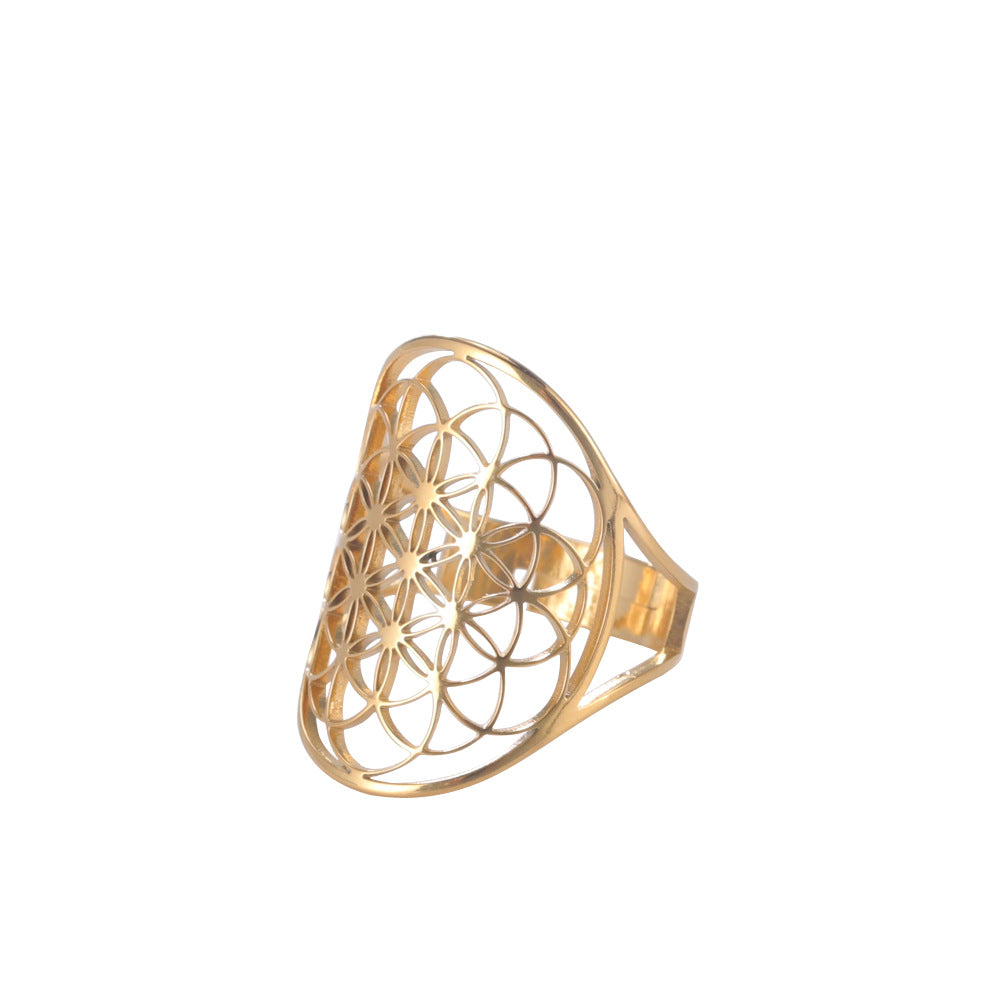 Women's Adjustable Stainless Steel Sacred Geometric For Charm Rings - Golden Hollow Fine Ellipse MegaBDM