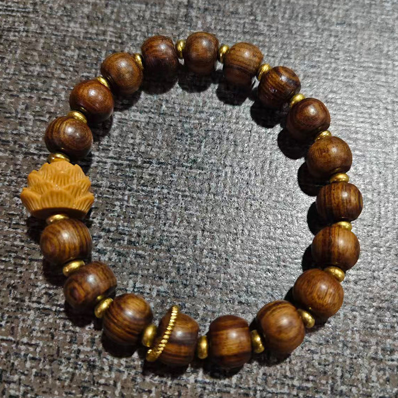 Women's & Men's Wooden Beaded Small Specifications Rosary Decorative Bracelet - Black Rosewood: Lotus Front MegaBDM