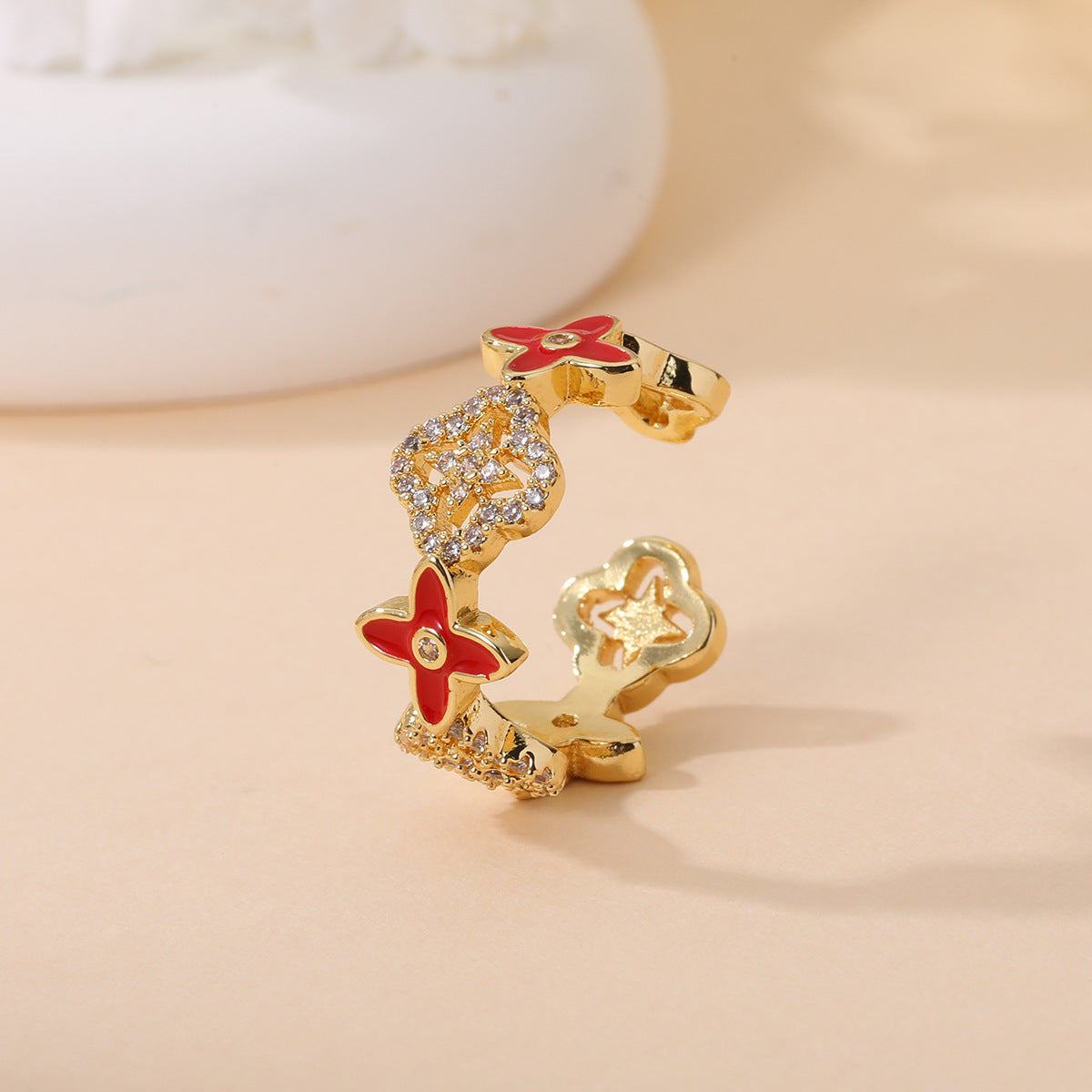 Dripping Full Diamond Lucky Four-leaf Clover Open Hollow Rings - 262-Gold Red MegaBDM