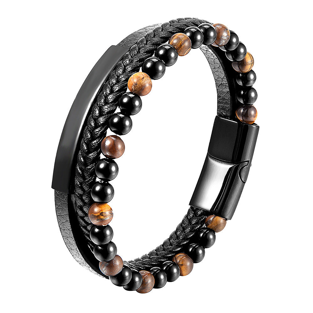 Men's Natural Stone Volcanic Rock Leather Stainless Bracelets - Yellow 21cm MegaBDM