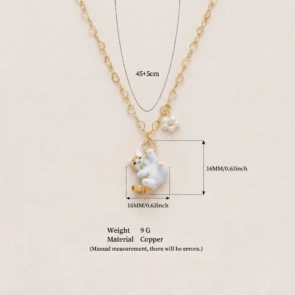 Animal Series Dripping Oil Cute Cat Gold Plated Pendants - Orange White Cat Necklace MegaBDM