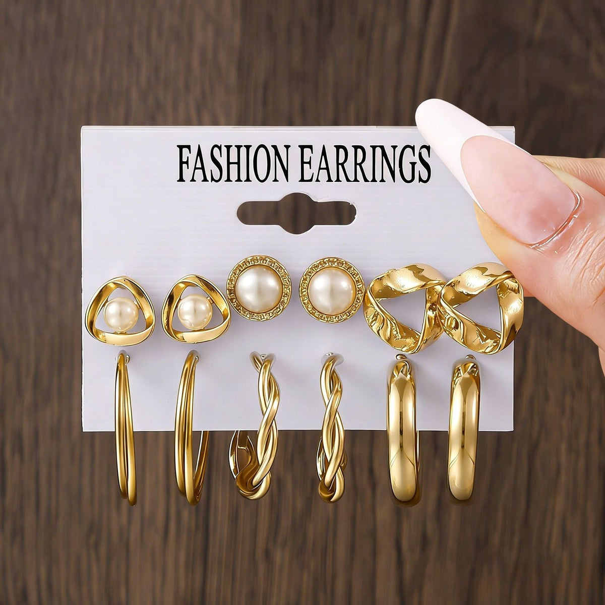 Women's Pearl Alloy Square Geometric Combination Earrings - 6 Pairs Semicircle Pearl Earrings-Gold Color MegaBDM