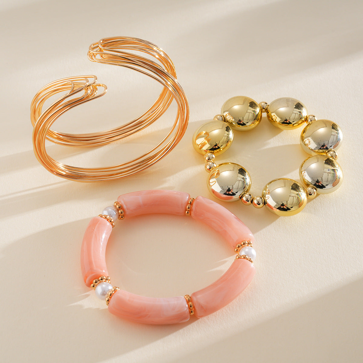 Acrylic Beaded Pearl Vintage Ethnic Style Affordable Bracelets - 2# Bracelet-Golden-Pink (Three-Piece Set) MegaBDM