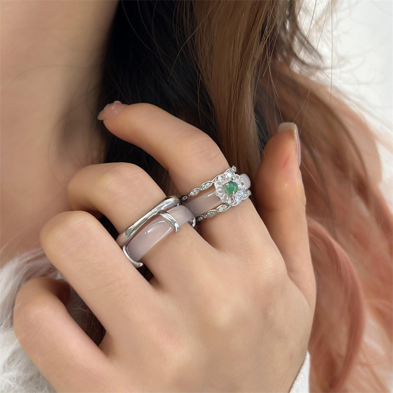 Lost Staff Series Transparent White Agate Chalcedony Unique Design Double Ring MegaBDM