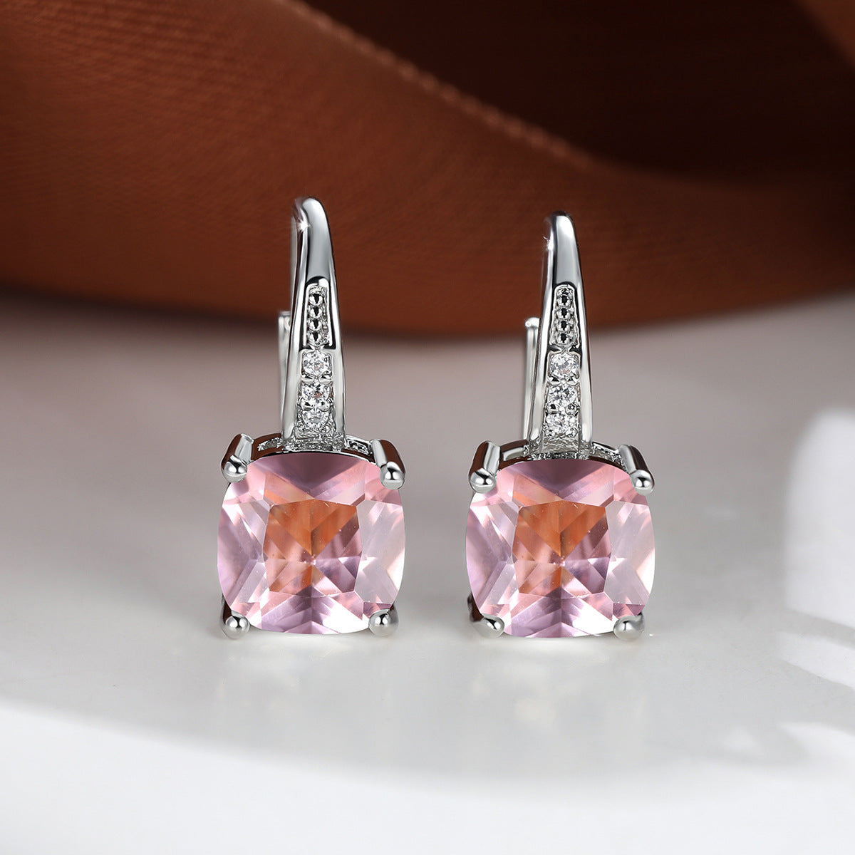 Women's Square Zircon Inlaid Ear Hook Korean Fashion Style Stud Earrings - Platinum Pink Diamond MegaBDM