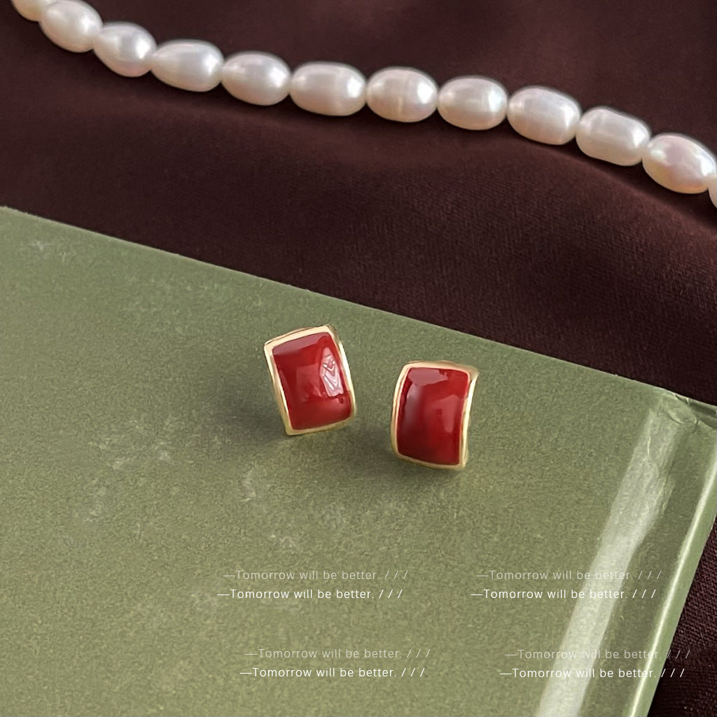Women's Style Wine Red Enamel Retro Elegant Earrings - Geometric Wine Red Dripping Oil-Silver Needle MegaBDM