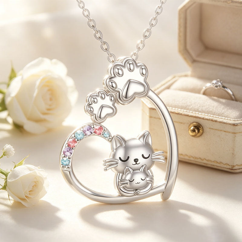 Kitty Cat's Paw Heart-shaped Colorful Crystals To Give Mom Mother's Necklace MegaBDM