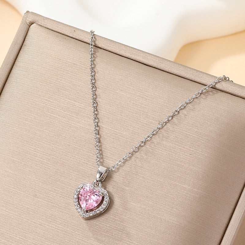 Women's Heart-shaped Zircon Titanium Steel Light Luxury Necklace - 8508-Silver Love Pink Zirconium Necklace MegaBDM
