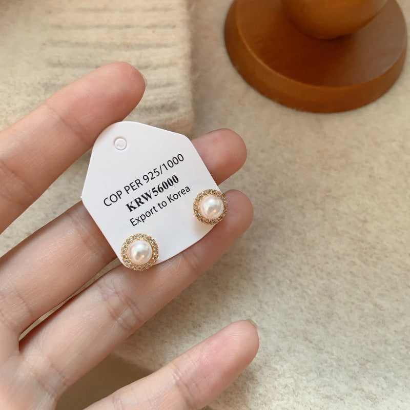 Small Pearl Ear Micro Inlaid Zircon Simple French Style Elegant Stud Earrings - R2898 Gold White Pearl