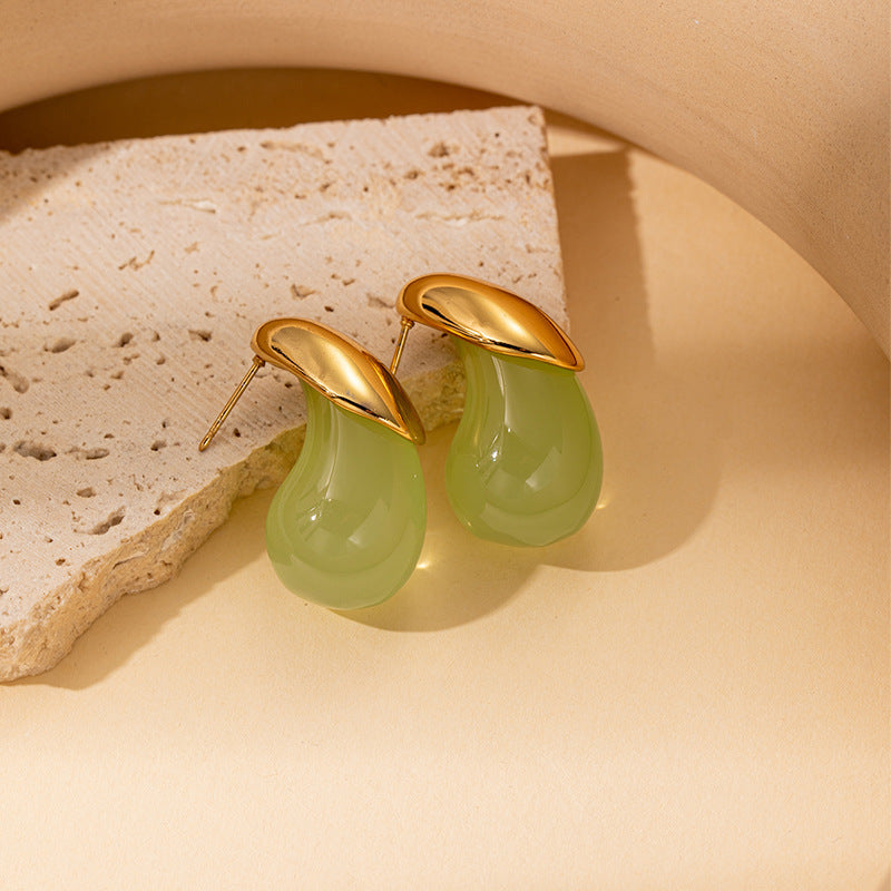 Korean Simple Fresh Minority Color Water Drop Resin Titanium Stud Earrings - Green ear studs MegaBDM