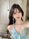 Women's Summer Ballet Style Long Fairy Bow Ribbon Pearl Unique Stud Earrings - White Ear Studs MegaBDM