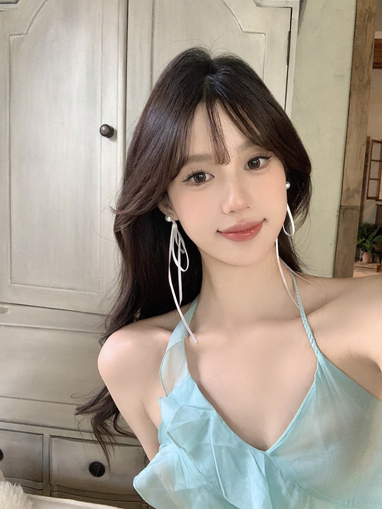 Women's Summer Ballet Style Long Fairy Bow Ribbon Pearl Unique Stud Earrings - White Ear Studs MegaBDM