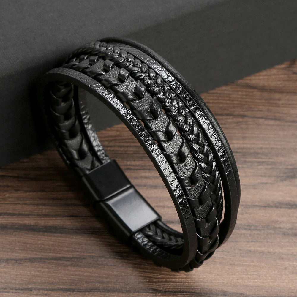 Men's Fashion Creative Leather Personality Trendy Woven Simple Bracelet - Black-Full Length 19cm MegaBDM