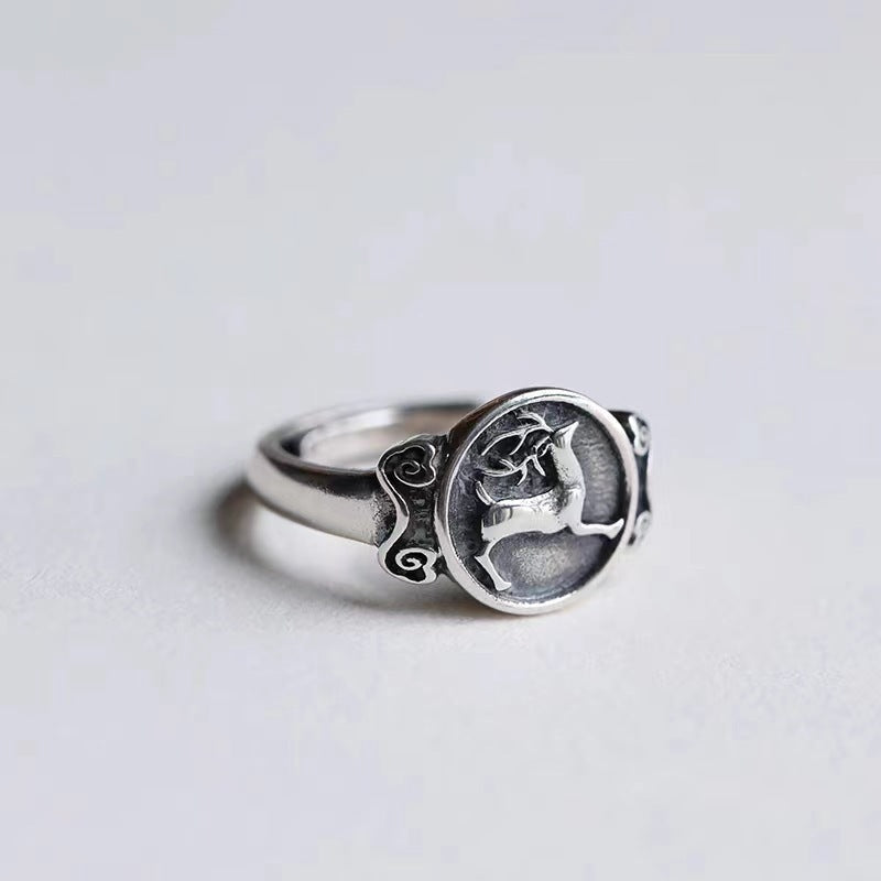 Retro Deer Chinese Style Thai Sier Artistic Temperament Ring MegaBDM
