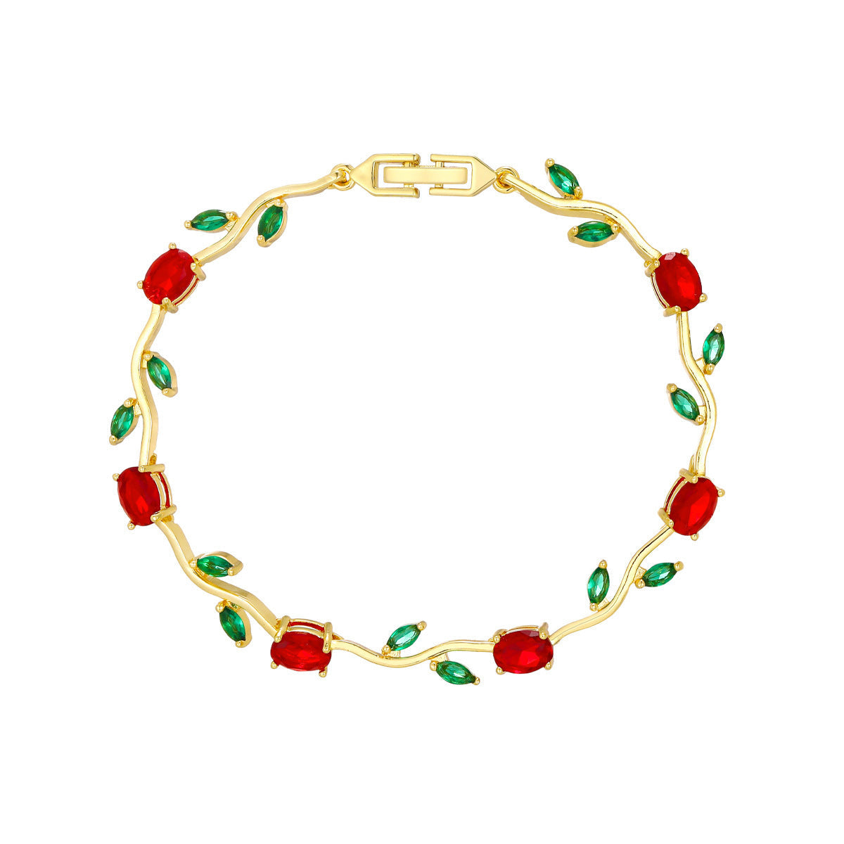 Luxury Style Quality Light Full Diamond Bracelet - Gold; Green Leaves; Red MegaBDM